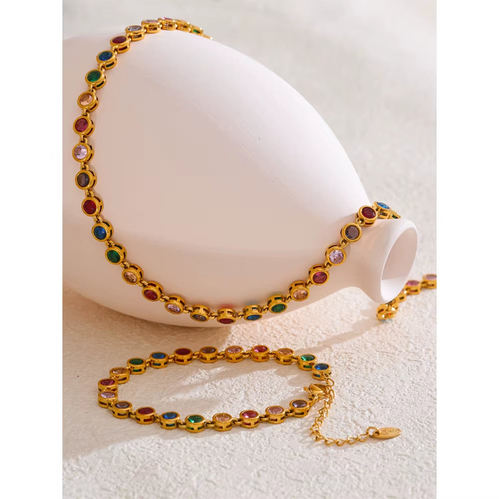 Exquisite Colorful Cubic Zirconia Luxury Cast Chain Necklace Bracelet for Women Stainless Steel Waterproof Jewelry Gift